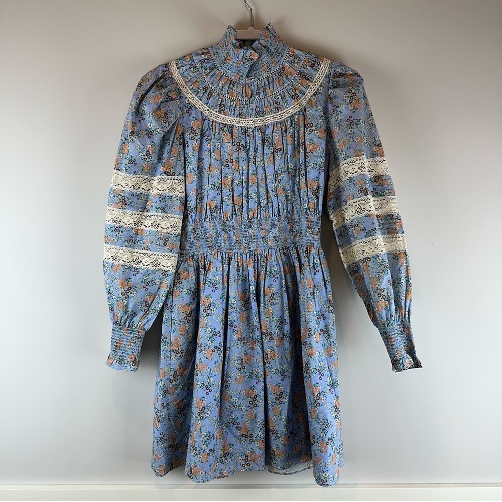 NEW Hunter Bell Blue Ditsy Floral Ryan High Neck Smocked Mini Dress Size Small